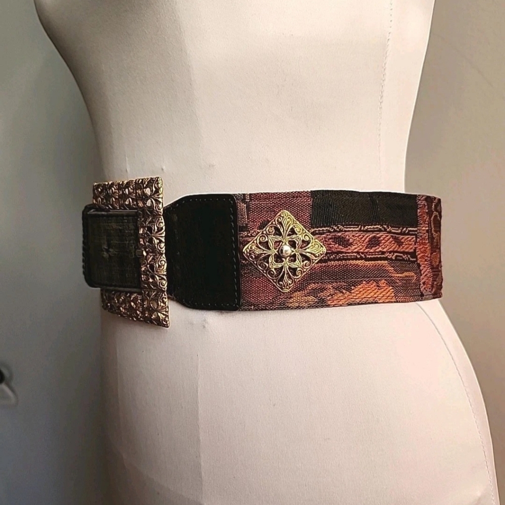 Express Leather And Tapestry Belt With Filligre Gold Buckle And Details M Womens